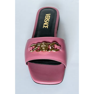 Versace Icon Chain Leather Slide Sandals Strawberry Jam 7 US 37 Eu 1022706 NIB