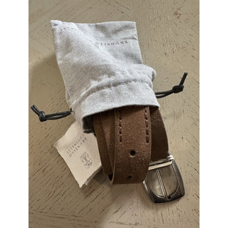 New Brunello Cucinelli Men Suede Buckle Silver Belt Brown 100/40 Italy