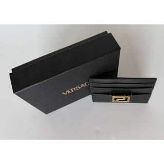Versace Greca Black Calf Leather Card Case Wallet 1023433 Italy NIB