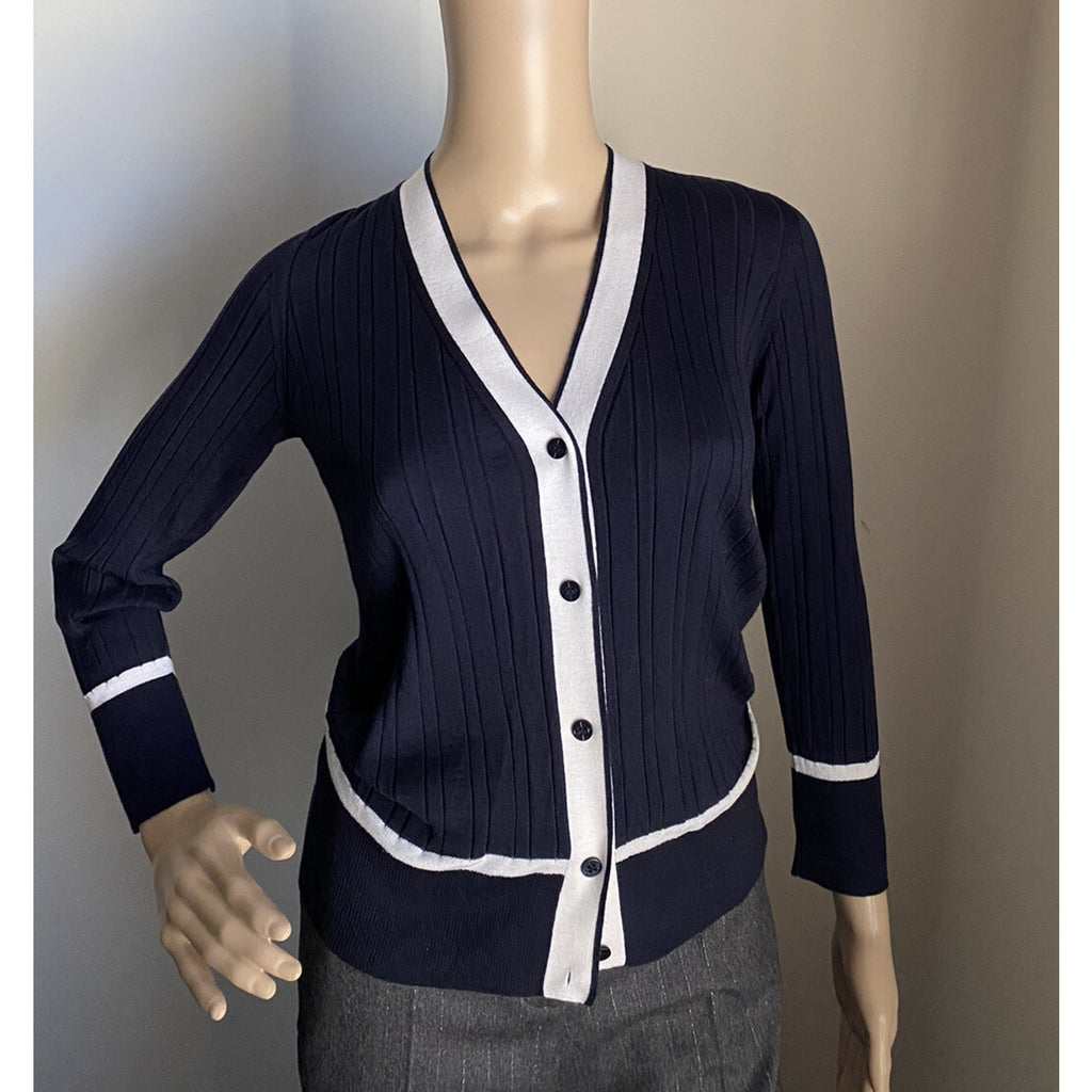 New $1650 Loro Piana Women Cashmere/Silk Knit Cardigan Sweater Navy/White US 4