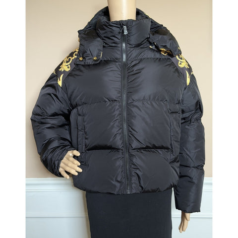 Versace Women's Leafy Print Padded Jacket with Hoodie Black 40