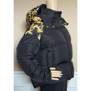 Versace Women's Leafy Print Padded Jacket with Hoodie Black 40 1012541 NWT $2250