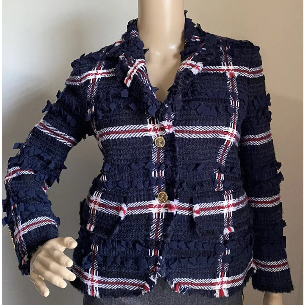 New $4900 Thom Browne Women Plaid Wool-Blend Blazer Jacket Navy 38/2 Italy