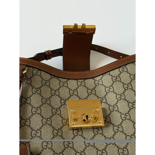 Gucci GG Supreme Padlock Leather/Canvas Brown Medium Shoulder Bag IT 795113 NWT
