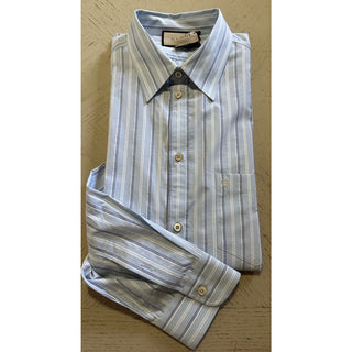 New Gucci Men Classic Washed Strips Shirt Azure Blue 43/17