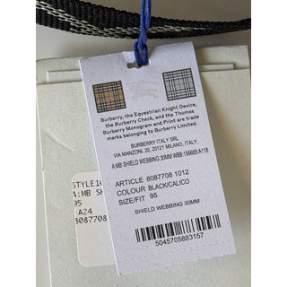 Burberry Silver Metal Buckle Shield Webbing Black Belt 95/38 8087708 IT NWT $490