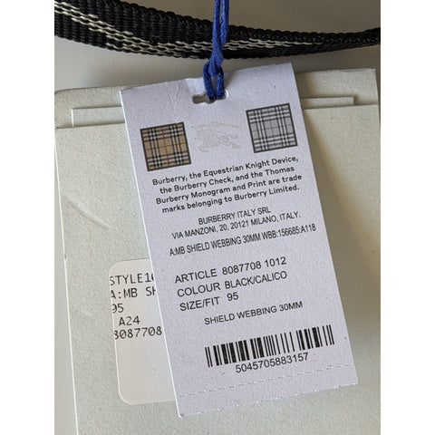 Burberry Silver Metal Buckle Shield Webbing Black Belt 95/38 8087708 IT NWT $490
