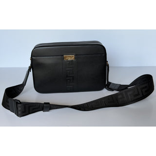 Versace Embossed Greek Key Black Crossbody Leather Camera Bag 1020736 NWT $1400