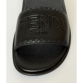 Fendi Roma Logo Leather Slide Sandals Black 11 US (10 Fendi) IT 7X1753 NIB $770