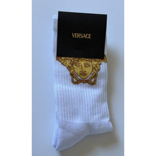 Versace Medusa Head Cotton Athletic Crew Socks White Gold Size Small 1001546 NWT