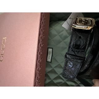 New $2250 Gucci Men Gucci Caiman Crocodile belt GG Buckle Black 85/34 715604