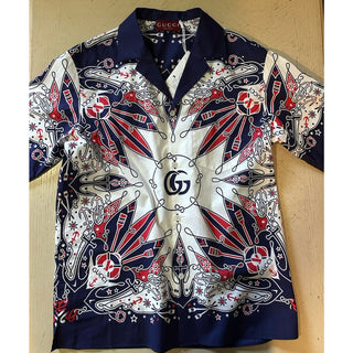 New $1300 Gucci Men’s Double G Bandana Print Shirt Blue/Red/White Size 46/S