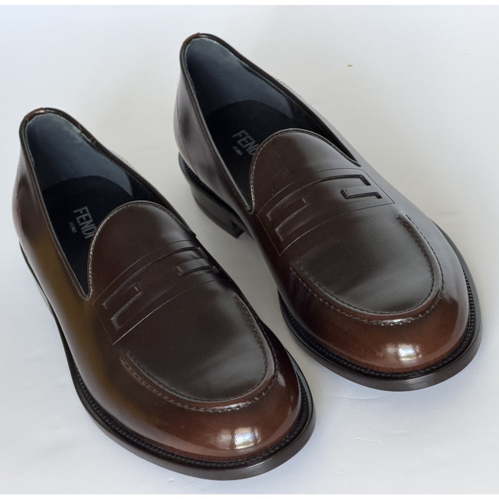 Fendi FF Penny Loafers Brown Calf Leather Men 10 US (9 Fendi) 7D1645 NIB $1250