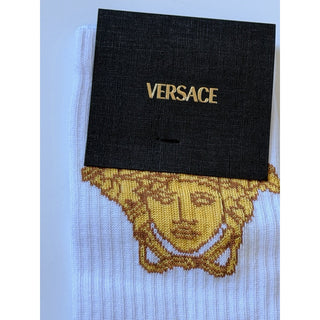 Versace Medusa Head Cotton Athletic Crew Socks White Gold Size Small 1001546 NWT