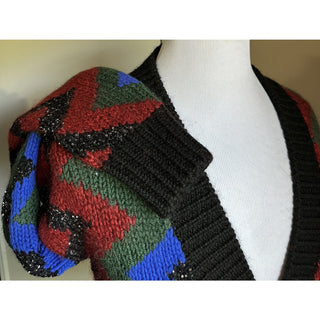 Saint Laurent Men cardigan in zig zag jacquard Black/Red/Multi S New $1550