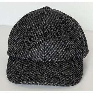 Gucci Herringbone Wool/Silk Baseball Hat Charcoal Logo Cap Size Large 817497 NWT