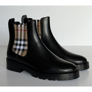Burberry Check Panel Leather Chelsea Black Boots 7 US (37 Euro) 8042363 NIB $970