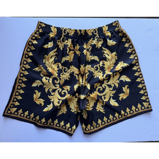 Versace Leaf Print Men's Black&Gold Silk Shorts 52 Euro (32”) 1010119 NWT $1200