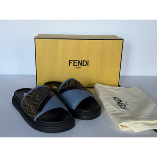 Fendi Men's FF Diagonal Leather/Fabric Slide Sandals 10 US/9 UK 7X1674 NWT $595