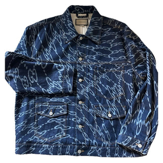 New $2900 Gucci Men Oversized GG Distorted Laser Jacket DK Blue/Mix 44 US/54 Eu