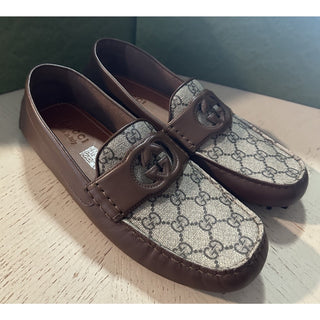 Gucci Men Leather GG Driver Loafers Shoes Brown 9 US/8 UK 730148 New