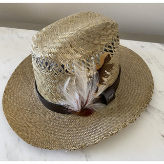 NWT $895 Saint Laurent Straw Cowboy Hat With Leather and Feathers Brown XL
