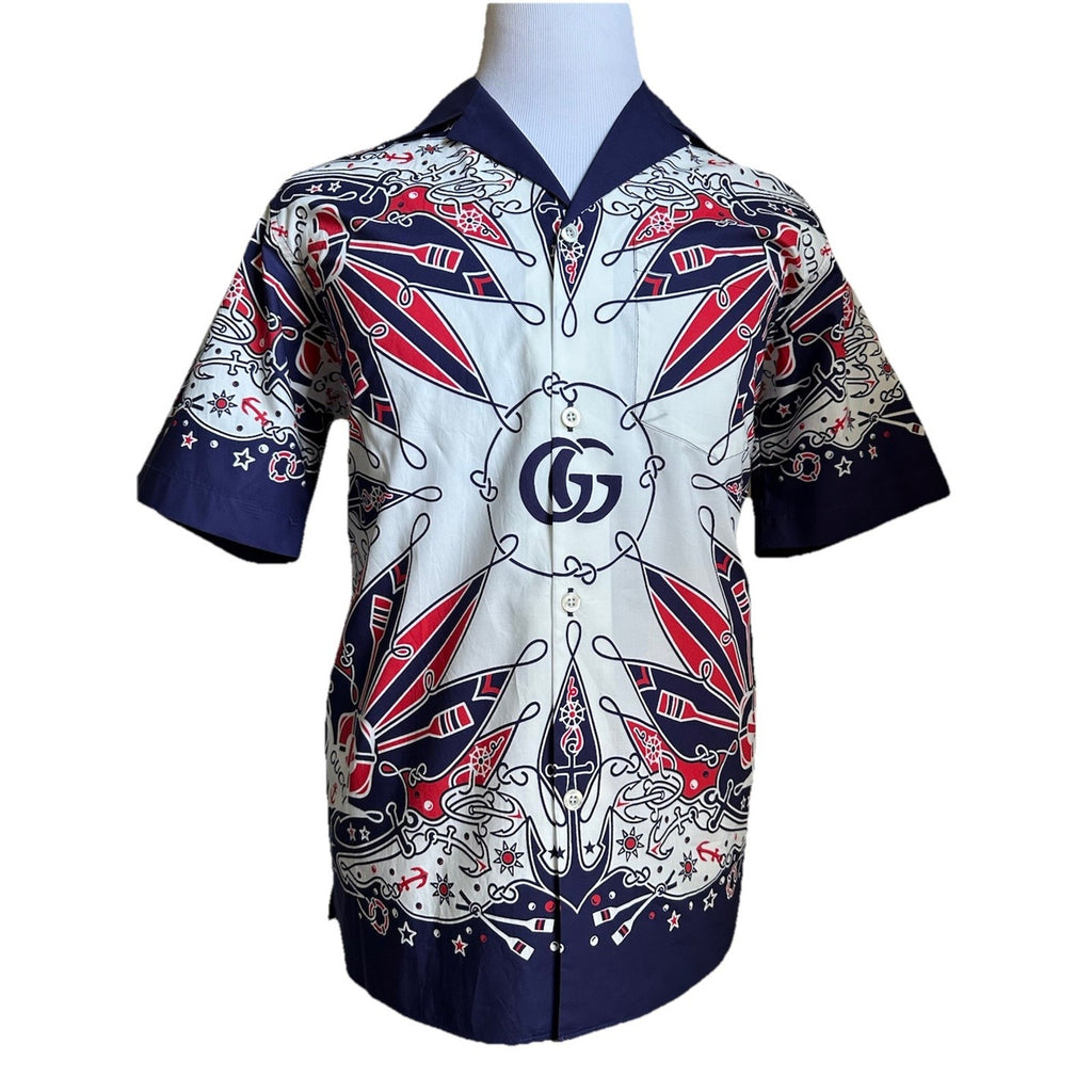 New $1300 Gucci Men’s Double G Bandana Print Shirt Blue/Red/White Size 46/S