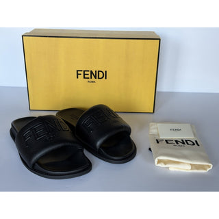 Fendi Men's Roma Leather Slide Sandals Black 8 US/7 UK IT 7X1649 NIB $750