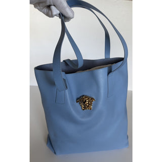 Versace La Medusa Leather Tote Bag Blue with Gold Medusa 1020004 1A14675 NWT