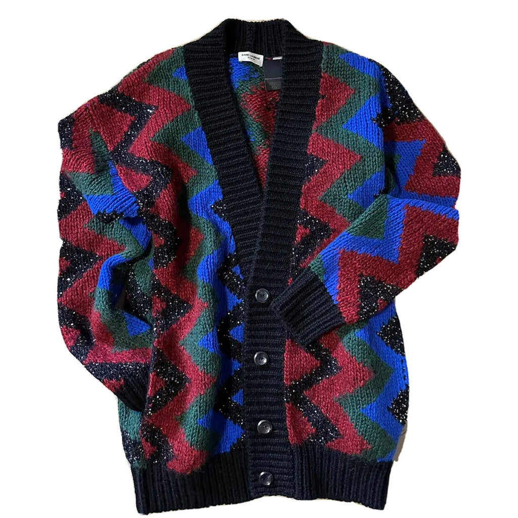 Saint Laurent Men cardigan in zig zag jacquard Black/Red/Multi S New $1550