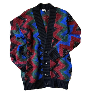 Saint Laurent Men cardigan in zig zag jacquard Black/Red/Multi S New $1550