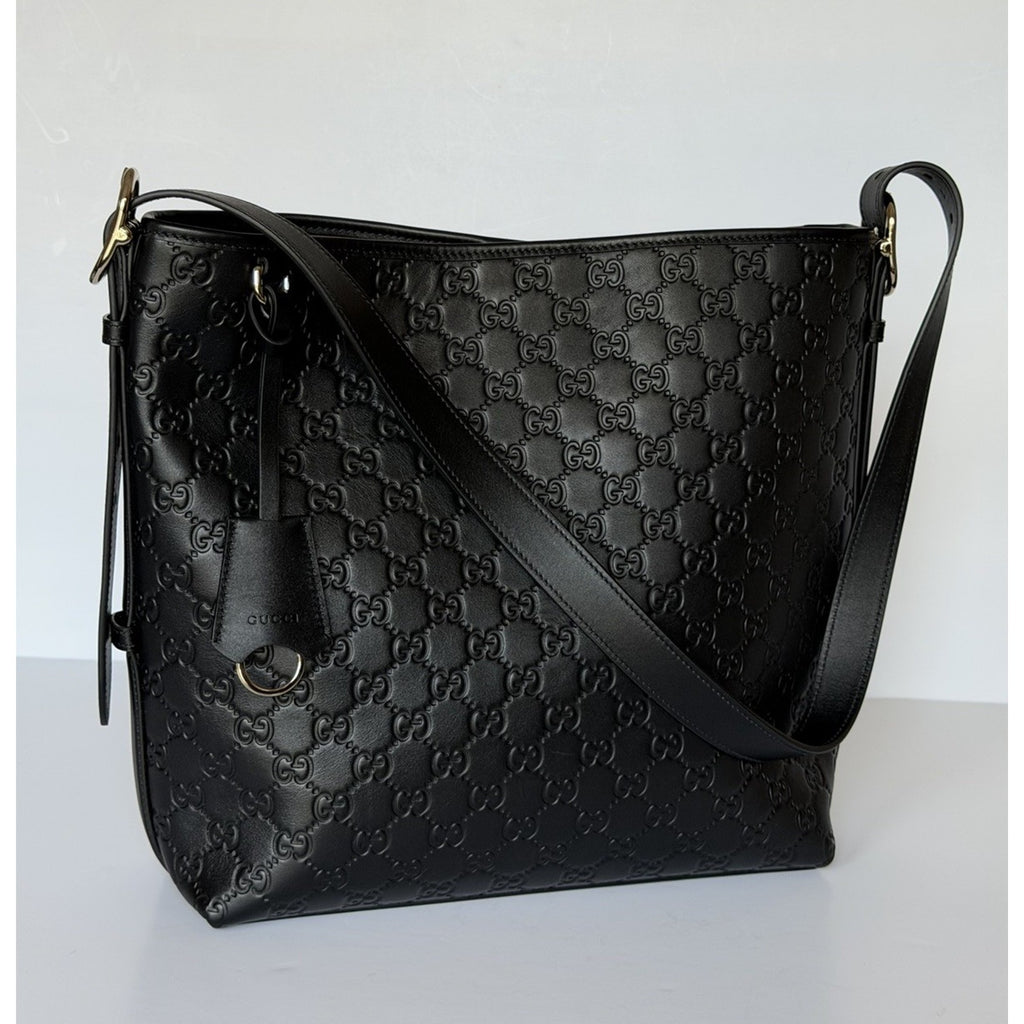 Gucci GG Emblem Leather Medium Black Tote Shoulder Bag 847452 Italy NWOT