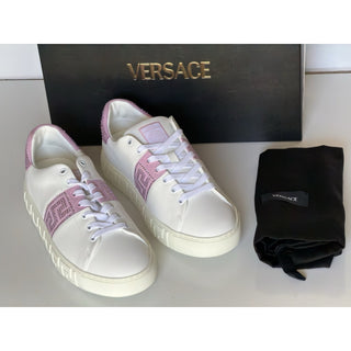 Versace Crystal Greek Women’s White/Pink Leather Sneakers 9 US 1013568 NIB