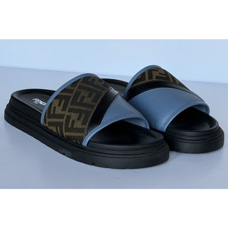 Fendi Men's FF Diagonal Leather/Fabric Slide Sandals 10 US/9 UK 7X1674 NWT $595