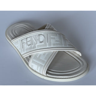 Fendi Men's FF Leather/Fabric Ivory Slide Sandals 12 US/11 UK IT 7X1548 NIB $730