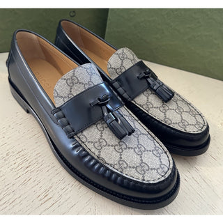 Gucci Mens GG Logo Leather Loafers Shoes Black/Beige 13.5 US/12.5 UK New 673817