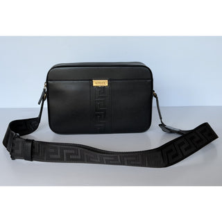 Versace Embossed Greek Key Black Crossbody Leather Camera Bag 1020736 NWT $1400