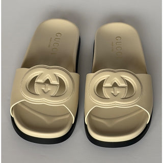 Gucci Interlocking G Leather Slide Sandals Ivory Women 9.5 US 39.5 Eu 818334 NIB