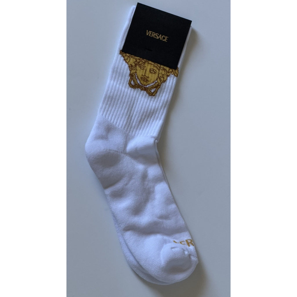 Versace Medusa Head Cotton Athletic Crew Socks White Gold Size Small 1001546 NWT