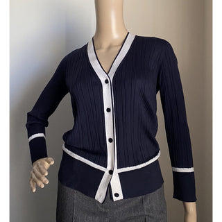 New $1650 Loro Piana Women Cashmere/Silk Knit Cardigan Sweater Navy/White US 4