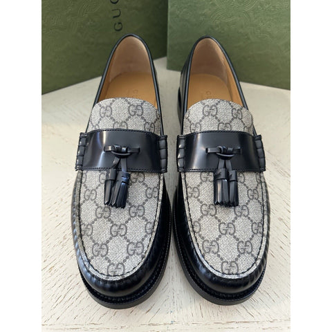 Gucci Mens GG Logo Leather Loafers Shoes Black/Beige 13.5 US/13 UK New 673817