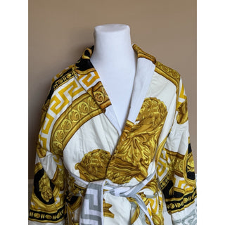 Versace Home Baroque Greca Cotton Bathrobe White Gold Black M ZACP00001 NWT