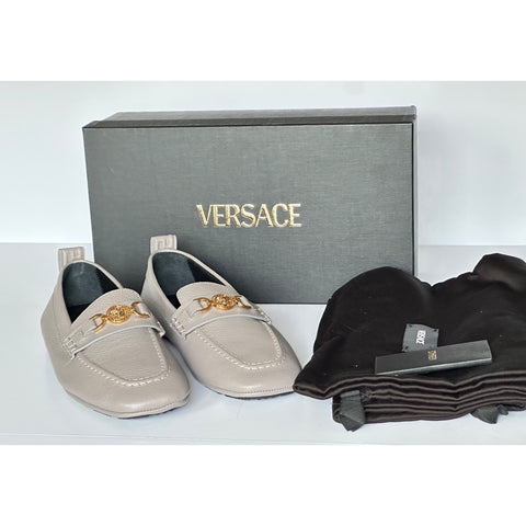 Versace Gold Medusa Men's Gray Leather Driver Shoes 8 US (41 Euro) 1017072 NIB