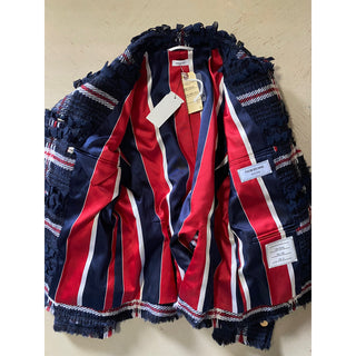 New $4900 Thom Browne Women Plaid Wool-Blend Blazer Jacket Navy 38/2 Italy