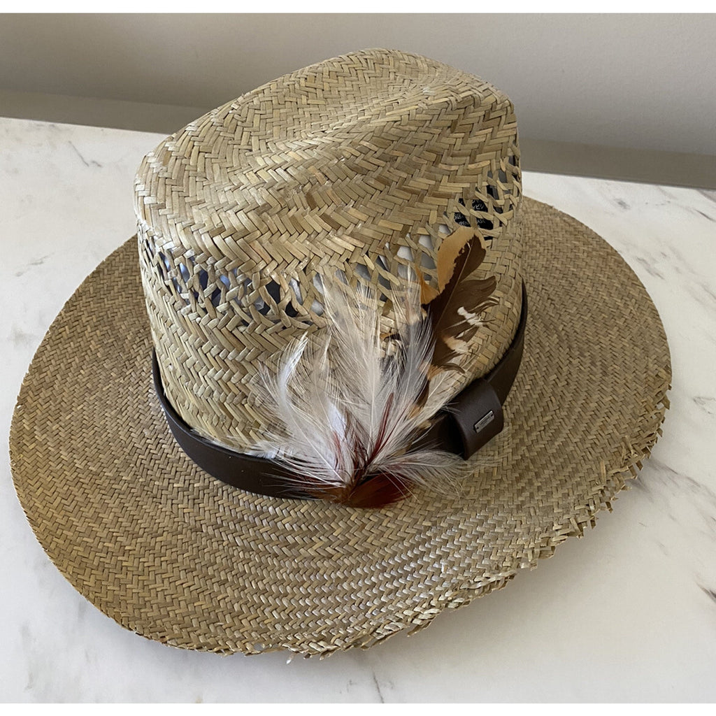 NWT $895 Saint Laurent Straw Cowboy Hat With Leather and Feathers Brown M