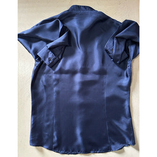 New $1495 Giorgio Armani Men Silk Navy Blue Shirt with Light Blue Strip 43/17