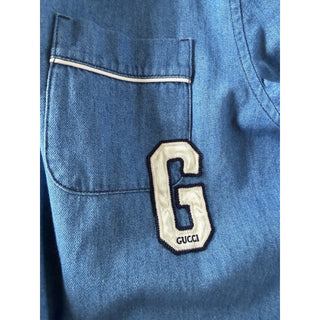 Gucci Varsity G Patch Denim Shirt Bright Blue Men 48 Euro (Oversized) 753105 NWT