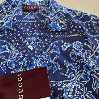 New $1300 Gucci Men’s Flower Bandana Print Shirt Blue Size 54/XXL