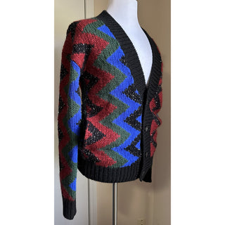 Saint Laurent Men cardigan in zig zag jacquard Black/Red/Multi S New $1550
