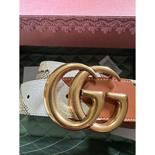 New $1980 Gucci Ostrich Leather/Python GG Marmont Belt Brown/Beige/White 90/36